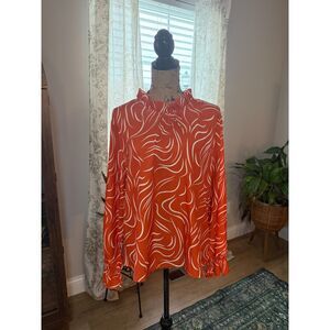 Women's Size XXL High Neck Long Sleeve Orange & Cream Swirl Blouse
